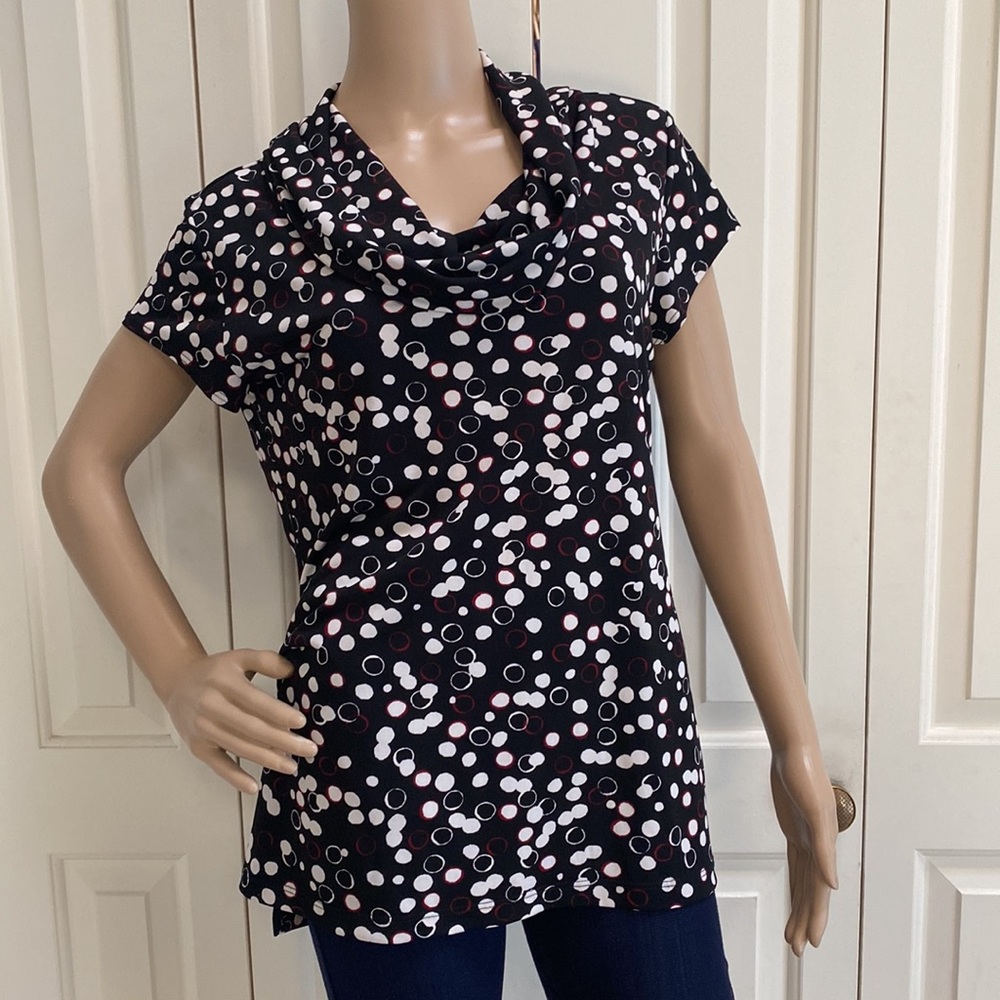 Chico’s Womens Size 2 (L) Black Blouse With Droopy Neckline. Polka Dots